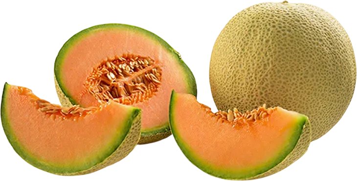 American cantaloupe, whole, halved and cut into wedges with orange flesh