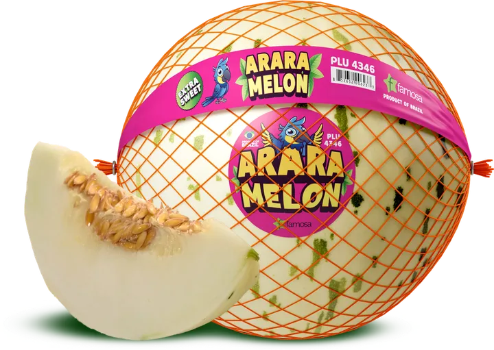 Arara melon in its net with the Extra Sweet label, next to a slice