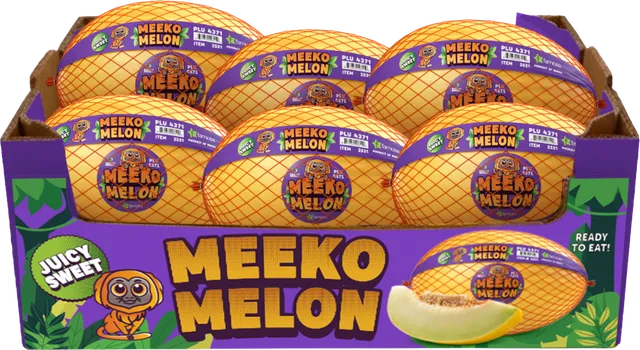 Meeko Melon retail carton holding six netted melons