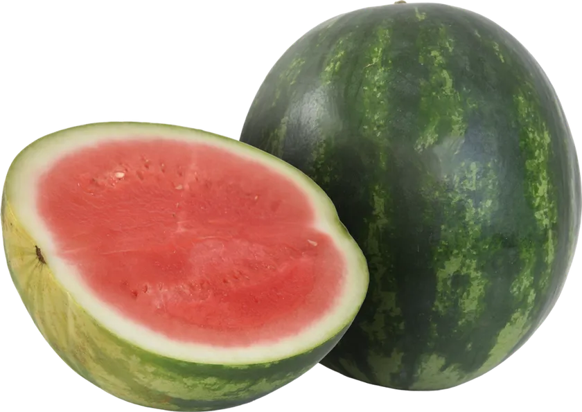 Extra firm seedless watermelon, whole and halved, with red flesh