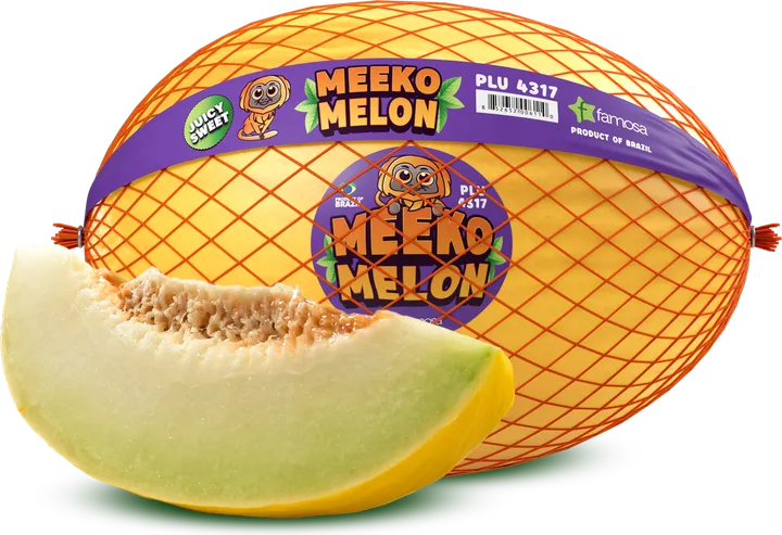 Meeko melon in its orange net with the Juicy Sweet label, next to a slice