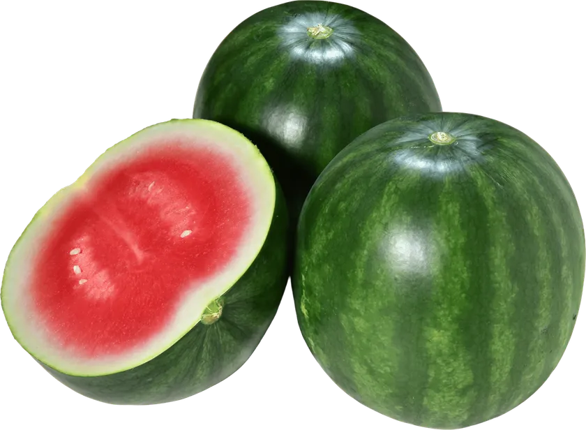 Mini seedless watermelons, whole and halved, with red flesh