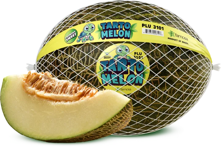 Tarto melon in its net with the Crunchy Sweet label, next to a slice